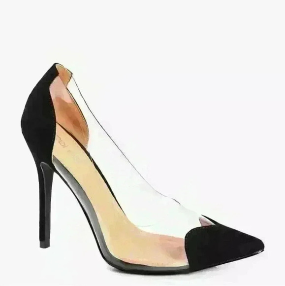 NIB Boohoo Ivy Clear Side Heart Detail Black Faux Suede Courts Heels - Picture 1 of 5